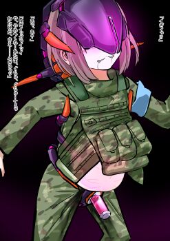 1girl big_belly black_background brown_hair bulletproof_vest camouflage commentary_request corruption female_focus green_helmet green_pants green_shirt green_vest grey_eyes helmet highres inflation looking_at_viewer medium_hair military_uniform mind_control original otonof2 pants parasite pregnant restrained sex_machine shirt simple_background soldier solo standing stationary_restraints translation_request vest woodland_camouflage