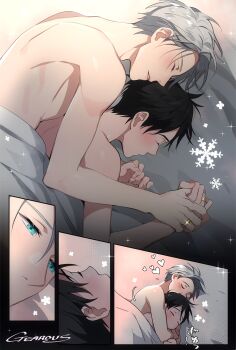 Rule 34 | 2boys, artist name, bed, bed sheet, black hair, blue eyes, comic, commentary, fingernails, gearous, glowing, glowing jewelry, grey hair, heart, highres, hug, hug from behind, indoors, interlocked fingers, jewelry, katsuki yuuri, lying, male focus, multiple boys, ring, shirtless, silent comic, sleeping, snowflakes, sparkle, spooning, untranslatable commentary, topless male, translation request, viktor nikiforov, yaoi, yuri!!! on ice