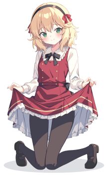 Rule 34 | 1girl, absurdres, black hairband, black pantyhose, black shoes, blonde hair, blush, dress, full body, green eyes, hairband, highres, idolmaster, idolmaster cinderella girls, kneeling, long sleeves, looking at viewer, pantyhose, pinafore dress, red dress, sakurai momoka, setteiset, shirt, shoes, simple background, sleeveless, sleeveless dress, smile, solo, white background, white shirt