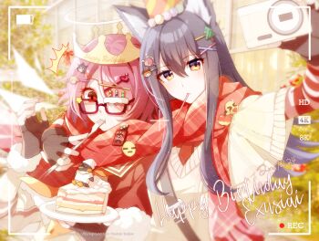 Rule 34 | 2girls, ^^^, animal ear fluff, animal ears, arknights, arm around shoulder, artist name, battery indicator, bespectacled, black eyes, black gloves, cable knit, cake, cake slice, camera, character name, chinese commentary, commentary request, cream, digital camera, emoji, exusiai (arknights), fingerless gloves, food, food in mouth, fork, glasses, gloves, hair between eyes, hair ornament, hairclip, happy birthday, hat, heads together, highres, holding, holding camera, holding fork, holding plate, light particles, long sleeves, multiple girls, multiple hair clips, party hat, pink hair, plaid clothes, plaid scarf, plate, recording, rectangular eyewear, red-framed eyewear, red eyes, red hat, red scarf, scarf, selfie, shadow71580825, shared clothes, shared scarf, short hair, star (symbol), sweater, taking picture, texas (arknights), upper body, viewfinder, watermark, white sweater, wolf ears, wolf girl, x hair ornament, yellow eyes, yellow hat