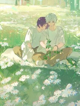 Rule 34 | 2boys, belt, blue lock, brown pants, closed mouth, collarbone, commentary, crew neck, field, flower, flower field, grass, grey eyes, hair between eyes, head on another's shoulder, highres, indian style, jacket, jacket partially removed, layered clothes, leaf, looking at flowers, machiminami23, male focus, mikage reo, multiple boys, nagi seishirou, one eye closed, open clothes, open shirt, outdoors, pants, plant, purple eyes, purple hair, shirt, shoes, sitting, smile, symbol-only commentary, white flower, white hair, white jacket, white shirt, white shoes, yaoi