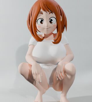 1girl 3d absurdres boku_no_hero_academia breasts brown_eyes brown_hair feet highres large_breasts shirt squatting underwear uraraka_ochako viewportnorm