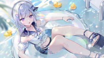 1girl absurdres ayatsuno_yuni bbony_0_0 bead_bracelet beads beret black_bow black_shoes black_shorts blue_bow blue_bowtie blue_sailor_collar bow bowtie bracelet commentary_request crop_top cross-shaped_pupils detached_sleeves footwear_bow frilled_shorts frills full_body gradient_hair hair_ornament hat heart heart_hair_ornament highres innertube jewelry korean_commentary midriff multicolored_hair navel necklace open_mouth partially_submerged pool puffy_detached_sleeves puffy_sleeves purple_eyes rubber_duck sailor_collar shoes shorts solo stellive swim_ring symbol-shaped_pupils thigh_scrunchie virtual_youtuber white_hair white_hat