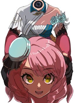 1girl alisa_boskonovich android asymmetrical_clothes asymmetrical_dress black_gloves dress flower flower_ornament gloves green_eyes hair_ornament highres looking_at_viewer multicolored_hair open_mouth pink_hair robot_girl smile solo split-color_hair tekken two-tone_hair usuginu1000 white_background