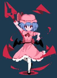 Rule 34 | 1girl, ascot, bat wings, blue hair, dress, full body, hand up, hat, hat ribbon, mary janes, miuu 000, mob cap, pink dress, pink ribbon, pixel art, red ascot, red eyes, remilia scarlet, ribbon, shoes, short hair, solo, thighhighs, touhou, white thighhighs, wings