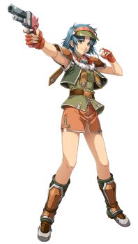 Rule 34 | 1girl, akatsuki no kiseki, armor, belt, blue hair, boots, cropped legs, curtained hair, dynamic pose, eiyuu densetsu, fingerless gloves, full body, fur trim, game cg, gloves, goggles, goggles around neck, green eyes, green shirt, green vest, gun, handgun, highres, holding, holding gun, holding weapon, josette capua, leather, leather gloves, looking at viewer, miniskirt, official art, orange skirt, parted bangs, red gloves, shirt, short hair, shoulder armor, skirt, sleeveless, sleeveless shirt, solo, sora no kiseki, third-party source, transparent background, variant set, vest, visor cap, weapon