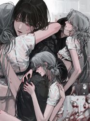 2girls biting black_bra black_hair black_shirt blood blood_on_clothes blood_on_face blood_on_wall bra clothes_lift ear_piercing eriol_s2 face_piercing fangs grey_hair highres hug indoors lip_piercing long_hair long_sleeves multiple_girls neck_biting open_mouth original piercing red_eyes shirt shirt_lift short_sleeves underwear water white_shirt yuri