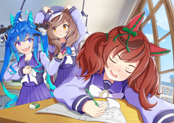 3girls :3 @_@ absurdres ahoge animal_ears aqua_hair arms_up blue_eyes blue_hair bow bowtie brown_hair brown_streaks classroom commentary_request crossed_bangs desk ear_covers ear_ribbon eraser etepachipachi hair_bow hair_ornament hairclip hat heterochromia highres holding horse_ears horse_girl indoors long_hair long_sleeves looking_at_another matikanetannhauser_(umamusume) mechanical_pencil multicolored_hair multiple_girls newsboy_cap nice_nature_(umamusume) notebook open_mouth party_popper pencil purple_eyes purple_sailor_collar purple_shirt purple_skirt red_hair sailor_collar school_uniform sharp_teeth shirt sidelocks skirt sleeping streaked_hair striped_bow teeth tracen_school_uniform twin_turbo_(umamusume) twintails two-tone_hair umamusume very_long_hair white_bow white_bowtie white_streaks window yellow_eyes