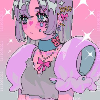 1girl animated animated_gif apangbai_(anarrator) artist_name bead_necklace beads blinking blue_choker blush bow cheek_piercing choker closed_mouth clothes_writing clothing_cutout commentary crop_top ear_bow earrings eye_piercing eyelashes face_piercing facial_tattoo frilled_sleeves frills gradient_background grey_background grey_eyes grey_hair grey_shirt hair_ornament hairclip heart heart_choker heart_tattoo highres hoop_earrings jewelry light_smile long_hair looking_ahead looping_animation midriff multiple_piercings necklace original outline piercing pink_background pink_bow pixel_art puffy_short_sleeves puffy_sleeves shirt short_sleeves shoulder_cutout solo sparkle symbol-only_commentary tattoo upper_body watermark white_outline white_sleeves x_hair_ornament