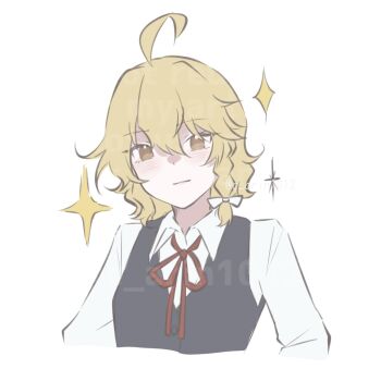 Rule 34 | 1girl, black vest, blonde hair, blush, bow, braid, carin (c arin1012), closed mouth, commentary request, hair bow, highres, kirisame marisa, light smile, neck ribbon, no headwear, red ribbon, ribbon, side braid, simple background, single braid, solo, sparkle, touhou, twitter username, vest, watermark, white background, white bow, yellow eyes