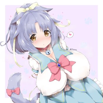 1girl alternate_breast_size_(larger) animal_ear_fluff animal_ears aqua_dress aqua_sailor_collar aqua_skirt bea_(bropmlk) bell belt_collar blush border bow bowtie breasts brooch brown_eyes cat_ears cat_girl cat_tail chestnut_mouth cinnamon_(nekopara) cleavage collar diamond_brooch dress dutch_angle expressionless frilled_collar frills full-face_blush green_ribbon hair_bow hair_ribbon heart highres huge_breasts impossible_clothes impossible_shirt jewelry lactation lactation_through_clothes looking_at_viewer neck_bell nekopara no_nose outside_border parted_bangs parted_lips pink_bow pink_collar ponytail purple_background purple_hair ribbon sailor_collar shirt short_sleeves skirt slit_pupils solo speech_bubble spoken_heart tail tail_bow tail_ornament tareme taut_clothes underbust upper_body yellow_bow yellow_eyes yellow_ribbon