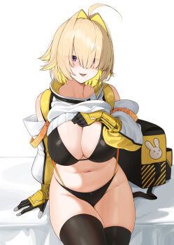1girl absurdres ahoge backpack bag bikini bikini_under_clothes black_bikini black_thighhighs blonde_hair breasts clothes_lift curvy elegg_(nikke) eyes_visible_through_hair gloves goddess_of_victory:_nikke hair_intakes hair_over_eyes highres large_breasts lifting_own_clothes looking_at_viewer plump purple_eyes rice_ghost short_hair sitting solo sweater sweater_lift swimsuit thighhighs thighs unworn_backpack unworn_bag white_background