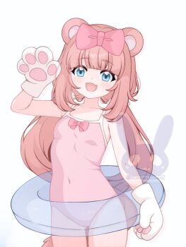 1girl animal_ears animal_hands bear_ears blue_eyes bow breasts chromu commentary english_commentary fang fwunnybwunny gloves hair_bow highres indie_virtual_youtuber innertube long_hair one-piece_swimsuit paw_gloves raccoon_ears raccoon_girl raccoon_tail small_breasts smile solo swim_ring swimsuit tail twintails