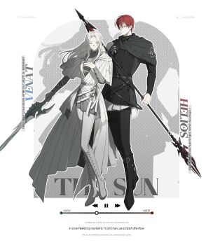 1boy 1girl adapted_costume alternate_costume azem_(ff14) black_boots black_capelet black_pants boots braid capelet character_name dreaminglum dress final_fantasy final_fantasy_xiv full_body half_up_braid hand_on_own_chest highres holding holding_polearm holding_sword holding_weapon knee_boots lace-up_boots long_hair lyrics pants pause_button polearm red_hair short_hair smile standing sword venat_(ff14) weapon white_background white_boots white_capelet white_dress white_hair white_pants