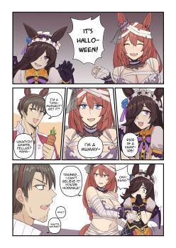 animal_ears bandage_on_hair bandaged_arm bandaged_hand bandaged_head bandaged_torso bandages bandeau bat_wings blue_flower blue_rose braid claw_pose ear_scrunchie flipped_hair flower frilled_hairband frills gloves hair_over_one_eye hairband halloween halloween_costume hat_over_hood highres horse_ears horse_girl horse_tail jack-o&#039;-lantern_ornament lace lace-trimmed_gloves lace_trim long_hair low-braided_long_hair low-tied_long_hair maven_(madeinheaven_23) mummy_costume purple_bandeau purple_wings rice_shower_(make_up_vampire!)_(umamusume) rice_shower_(umamusume) rose super_creek_(chiffon_ribbon_mummy)_(umamusume) super_creek_(umamusume) tail torn_bandages torn_bandeau tracen_training_uniform trainer_(umamusume) umamusume wings