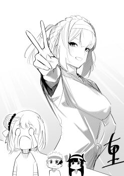 1boy 3girls absurdres aramine_ishu blush braid breasts chibi crown_braid crying fccrcrvim924172 hair_bun headband highres lineart long_hair monochrome multiple_girls nue_(nue_no_onmyouji) nue_no_onmyouji open_mouth ponytail short_hair short_sleeves signature spiked_hair suo_kazusa v yajima_gakuro