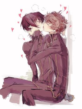 2boys 8de3wn ashford_academy_school_uniform black_hair black_jacket black_pants brown_hair closed_eyes code_geass commentary_request french_kiss hand_on_another&#039;s_cheek hand_on_another&#039;s_face hand_on_another&#039;s_head heart highres jacket kiss kururugi_suzaku lelouch_vi_britannia long_sleeves male_focus multiple_boys pants purple_eyes school_uniform simple_background sitting sitting_on_lap sitting_on_person sweat tongue yaoi