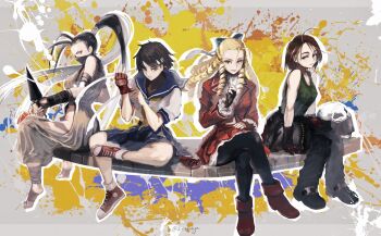 4girls antenna_hair bandages black_hair blonde_hair blue_bow bow brown_hair camouflage camouflage_tank_top clothing_cutout commentary_request drill_hair fingerless_gloves forehead gloves headband helmet high_ponytail highres hip_vent ibuki_(street_fighter) kanzuki_karin kasugano_sakura kazama_akira koromoya kunai mask mouth_mask multiple_girls ninja ninja_mask ponytail red_sailor_collar red_serafuku sailor_collar school_uniform serafuku street_fighter street_fighter_v weapon