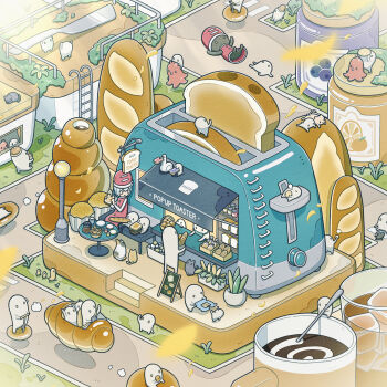 absurdres baguette bakery bird black_cat blue_hair bread bread_bun bread_clip bread_slice calico_(pattern) calico_cat cat coffee_pot drink food food_art hat highres holding holding_food jam nose_bubble original restaurant sandwich shop sitting tako-san_wiener toast toaster tti_design