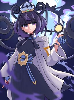 1girl belt belt_buckle black_dress blue_belt blue_gloves blunt_bangs bob_cut buckle chandelure closed_mouth coat commentary dress english_commentary eyelashes gen_5_pokemon gloves gwynn_(pokemon) hat highres holding holding_poke_ball long_sleeves looking_to_the_side mega_stone missandydandy nintendo o-ring o-ring_belt open_clothes open_coat partially_fingerless_gloves poke_ball poke_ball_(basic) pokemon pokemon_(creature) pokemon_legends:_z-a purple_eyes purple_hair short_hair white_coat