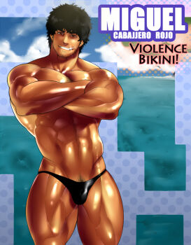 1boy abs alternate_skin_color bara bikini_briefs black_hair black_male_swimwear bodybuilder bulge check_copyright chest_hair copyright_request crossed_arms facial_hair feet_out_of_frame grin large_pectorals mabataki male_focus male_pubic_hair male_swimwear male_underwear mature_male miguel_caballero_rojo muscular muscular_male navel nipples pectorals pubic_hair pubic_hair_peek shiny_skin short_hair smile solo sparkle stomach stubble swim_briefs tekken thick_thighs thighs topless_male underwear