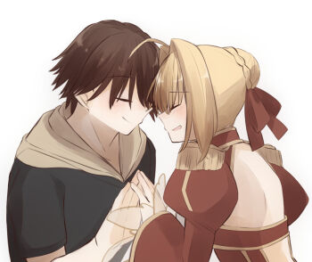 1boy 1girl 46isky21 ahoge back back_cutout bare_back black_shirt blonde_hair blush bow braid brown_hair closed_eyes closed_mouth clothing_cutout commentary_request dress epaulettes fate/extella fate/extra fate_(series) from_behind hair_between_eyes hair_bow hair_bun hand_up hetero highres hood hoodie juliet_sleeves kishinami_hakuno_(male) long_sleeves nero_claudius_(fate) nero_claudius_(fate/extra) open_mouth puffy_sleeves red_bow red_dress shirt short_hair short_sleeves sidelocks simple_background single_braid smile t-shirt upper_body white_background wide_sleeves yellow_hoodie