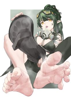 1girl absurdres arknights barefoot feet gavial_(arknights) goggles goggles_on_head green_hair highres long_hair looking_at_viewer open_mouth oshino_yeye pointy_ears ponytail shoes soles steam toes unworn_shoes yellow_eyes
