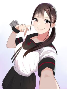 1girl absurdres ameya_shioichi black_eyes black_hair black_sailor_collar black_skirt commentary_request cosplay finger_to_eye fubuki_(kancolle) fubuki_(kancolle)_(cosplay) fubuki_kai_ni_(kancolle) fubuki_kai_ni_(kancolle)_(cosplay) gradient_background hair_over_shoulder highres kantai_collection low_ponytail pleated_skirt ponytail real_life sailor_collar sailor_shirt school_uniform selfie serafuku shirt skirt smile solo uesaka_sumire voice_actor_connection white_background white_shirt