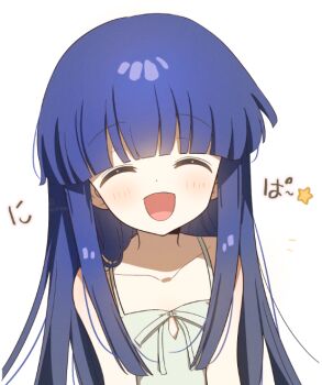 1girl :d ^_^ blue_hair blunt_ends blush child closed_eyes collarbone furude_rika hashtag-only_commentary higurashi_no_naku_koro_ni long_hair open_mouth simple_background smile solo standing star_(symbol) translation_request white_background wohinya