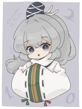 Rule 34 | 1girl, artist name, blue eyes, blue hat, commentary, crossed bangs, grey hair, hair between eyes, harukairo, hat, highres, japanese clothes, kariginu, long hair, long sleeves, mononobe no futo, parted lips, ribbon-trimmed sleeves, ribbon trim, solo, tate eboshi, touhou, turtleneck, untranslatable commentary, upper body