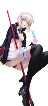 1girl absurdres apron artoria_pendragon_(fate) bikini black_bikini black_jacket black_ribbon black_skirt black_thighhighs blonde_hair blush braid breasts choker cleavage fate/grand_order fate_(series) food frilled_choker frilled_thigh_strap frills hair_bun hair_ribbon high_heels highres hood hooded_jacket jacket long_hair long_sleeves longdq3008 looking_at_viewer maid maid_bikini maid_headdress medium_breasts mop open_clothes open_jacket open_mouth popsicle ribbon saber_alter saber_alter_(swimsuit_rider)_(second_ascension) sidelocks skirt solo swimsuit thigh_strap thighhighs thighs unconventional_maid waist_apron white_apron yellow_eyes