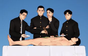 5boys abs black-framed_eyewear black_eyes black_hair black_jacket blue_background buzz_cut chioneoc chopsticks closed_eyes closed_mouth covering_own_mouth cowboy_shot crossed_arms fish_(food) food food_on_body from_side full_body gakuran glasses hand_on_another&#039;s_arm hand_over_own_mouth highres holding holding_chopsticks holding_plate jacket looking_at_another looking_to_the_side lying male_focus multiple_boys nipples nude on_back on_table original plate rectangular_eyewear sashimi school_uniform short_hair simple_background sushi table very_short_hair whispering