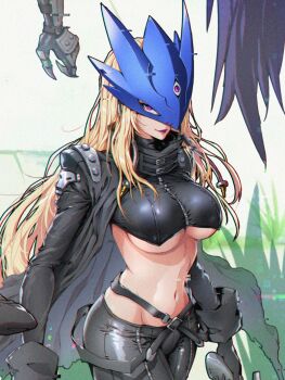 1boy 2girls beelstarmon black_coat black_pants black_vest blonde_hair blue_mask breasts coat commentary_request cowboy_shot cropped_vest digimon digimon_story:_time_stranger eye_mask glitch gun highres holding holding_gun holding_weapon large_breasts mask multiple_girls navel open_clothes open_coat pants purple_eyes shiny_hazel solo_focus third_eye underboob vest weapon