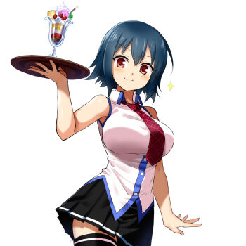 1girl amamiya_akari_(honto_no_kimochi) artist_request bare_arms bare_shoulders black_skirt black_thighhighs blue_hair breasts closed_mouth collared_shirt commentary_request cowboy_shot food highres holding holding_tray honto_no_kimochi large_breasts looking_at_viewer necktie parfait pleated_skirt red_eyes red_necktie shirt short_hair simple_background skirt sleeveless sleeveless_shirt smile solo sparkle thighhighs tray white_background white_shirt