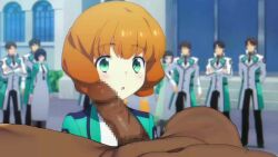 animated blush censored cum cum_in_mouth cum_on_tongue fellatio gokkun green_eyes handjob highres mahouka_koukou_no_rettousei mosaic_censoring nakajou_azusa necktie oral orange_hair public_indecency school_uniform sound tagme tongue video
