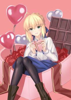 Rule 34 | 1girl, ahoge, andychen662000, artoria pendragon (fate), balloon, blonde hair, blue bow, blue skirt, boots, bow, braid, braided bun, brown boots, bun with braided base, chocolate, commentary request, fate/stay night, fate (series), flower, gift, green eyes, hair bow, hair bun, heart balloon, highres, holding, holding gift, leather, leather boots, looking at viewer, open mouth, rose, saber (fate), sidelocks, skirt, smile, solo, valentine