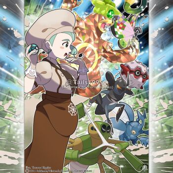 Rule 34 | 1girl, antennae, apron, artist name, ascot, blush, blush stickers, brown apron, brown ascot, brown gloves, brown hair, brown shirt, brown skirt, character name, claws, closed mouth, commentary, company name, copyright notice, english commentary, eyelashes, forretress, from side, gen 2 pokemon, gen 6 pokemon, gloves, green eyes, green hair, hair bun, heracross, highres, holding, holding poke ball, horns, insect wings, instagram username, katy (pokemon), lokix, long skirt, merchandise available, net ball, nintendo, official style, open mouth, outline, poke ball, pokemon, pokemon (creature), pokemon sv, puffy short sleeves, puffy sleeves, sharp teeth, shirt, short sleeves, silk, single horn, single side bun, skirt, smile, spidops, teeth, terastallization, tom higgins, ursaring, v-shaped eyes, vivillon, vivillon (fancy), watermark, white outline, wings