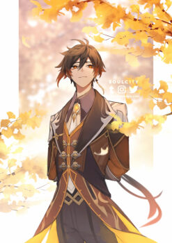 1boy antenna_hair arms_behind_back artist_name black_pants branch brown_coat brown_eyes brown_hair brown_shirt brown_vest buttons closed_mouth coat collared_shirt commentary cowboy_shot earrings eyeliner gem genshin_impact ginkgo_leaf hair_between_eyes instagram_logo jewelry lapels leaf long_hair long_sleeves looking_at_viewer low_ponytail makeup male_focus necktie orange_gem pants ponytail red_eyeliner shirt single_earring smile solo soulc1ty standing symbol-only_commentary tassel tassel_earrings twitter_logo very_long_hair vest white_necktie wing_collar zhongli_(genshin_impact)