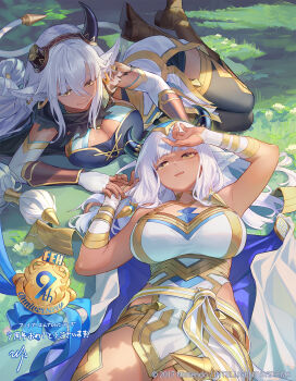 2girls animal_ears ash_(borrowed_power)_(fire_emblem) ash_(fire_emblem) black_cape black_horns black_thighhighs blue_cape boots breasts bridal_gauntlets broken_horn brown_boots cape cleavage closed_mouth cow_ears cow_girl cow_horns cow_tail dark-skinned_female dark_skin dress earrings elbow_gloves fingerless_gloves fire_emblem fire_emblem_heroes gloves gold_trim grass highres hoop_earrings horns jewelry large_breasts long_hair lying meliai_(fire_emblem) multiple_girls nintendo official_alternate_costume on_back on_side open_mouth smile tail teeth thighhighs torn_cape torn_clothes two-sided_cape two-sided_fabric u-suke_(supertie) upper_teeth_only very_long_hair white_dress white_gloves white_hair yellow_eyes