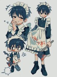 Rule 34 | 1boy, apron, axe, black dress, black hair, blood, blood on clothes, blood on face, chibi, crossdressing, dress, hatchet (axe), highres, looking at viewer, maid, maid apron, maid headdress, multiple views, original, short hair, smile, trap, umipi, white apron, white background