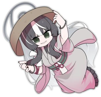 1girl arm_up azami_(blue_archive) bead_bracelet beads black_hair black_nails blue_archive bracelet brown_hat chibi frills full_body green_eyes grey_kimono halo hat japanese_clothes jewelry kimono long_hair looking_at_viewer miranofuudoria multicolored_hair nail_polish obi sash short_sleeves smile solo streaked_hair tasuki two-tone_hair very_long_hair white_hair