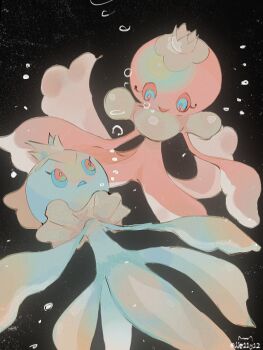 animal_focus artist_name black_background blue_eyes blue_sclera bubble colored_sclera eye_contact frillish frillish_(female) frillish_(male) full_body gen_5_pokemon happy highres jari_(jje11y12) looking_at_another nintendo no_humans open_mouth pink_eyes pink_sclera pokemon pokemon_(creature) signature smile twitter_username underwater