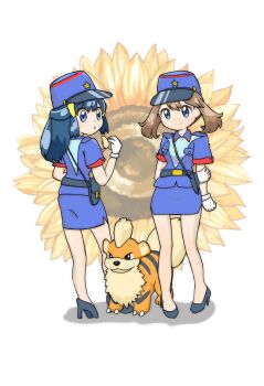 blue_eyes blue_hair brown_hair cosplay dawn_(pokemon) floral_background gen_1_pokemon gloves growlithe highres holding_own_arm jenny_(pokemon) jenny_(pokemon)_(cosplay) may_(pokemon) nintendo open_mouth pokemon pokemon_(anime) pokemon_(creature) police police_uniform smile white_gloves xrqu2xk8qb47501