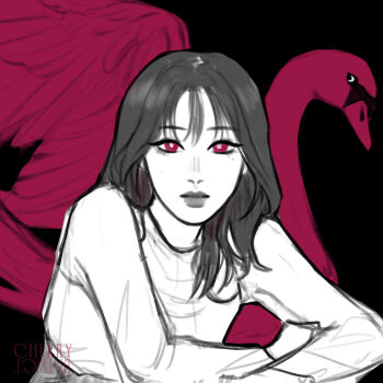 Rule 34 | 1girl, absurdres, bird, black background, black eyeliner, cherrydistrict, closed mouth, commentary, eyeliner, highres, loona (group), makeup, medium hair, mole, pink eyes, simple background, swan, upper body, yves (loona)