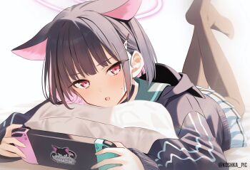 absurdres animal_ears black_hair black_hoodie black_pantyhose blue_archive cat_ears cat_girl halo highres hood hoodie kazusa_(blue_archive) koshka_pic looking_at_viewer medium_hair nintendo_switch pantyhose pink_eyes pink_hair pink_halo simple_background skirt white_background white_skirt