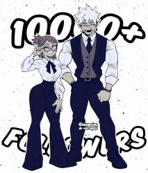 1boy 1girl bakugou_katsuki blouse boku_no_hero_academia bow bowtie bracelet breasts dimples ear_piercing earrings glasses jewelry large_breasts medium_breasts muscular muscular_male necktie niverins one_eye_closed pants piercing shirt uraraka_ochako vest wide_hips wink