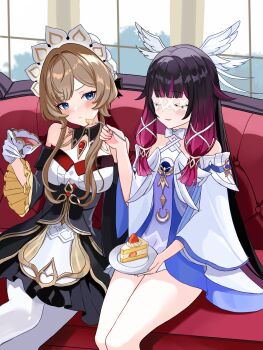 2girls bare_shoulders black_dress black_hair blue_eyes blunt_bangs blush brown_hair cake cake_slice closed_eyes closed_mouth columbina_(genshin_impact) commentary_request couch cup detached_sleeves dress eye_mask food genshin_impact gloves hair_ornament highres holding holding_cup holding_plate indoors kima_(jp4g6kfhb842057) light_smile long_hair long_sleeves mask multiple_girls on_couch pantyhose parted_lips plate purple_hair sandrone_(genshin_impact) short_hair_with_long_locks sitting teacup very_long_hair white_dress white_gloves white_pantyhose wing_hair_ornament