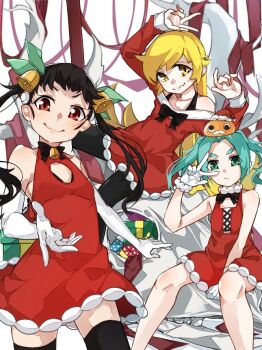 3girls christmas dress gift gloves gonza_(gonzares910) hachikuji_mayoi hashtag-only_commentary monogatari_(series) multiple_girls ononoki_yotsugi oshino_shinobu red_dress