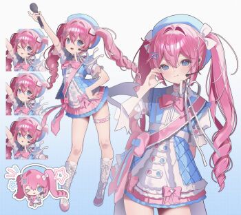 0_o_s_k 1girl :d arm_up blue_background blue_dress blue_eyes blue_hat bow bowtie chibi closed_mouth commentary commission double-parted_bangs dress full_body gradient_background hair_between_eyes hair_intakes hair_ribbon hat highres holding holding_microphone long_hair looking_at_viewer microphone multiple_views open_mouth original pink_bow pink_bowtie pink_hair ribbon short_dress short_sleeves smile standing twintails white_ribbon