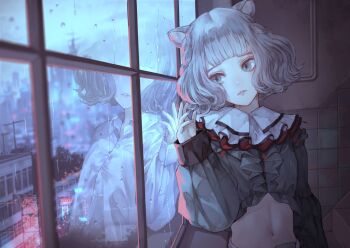 1girl animal_ears blunt_bangs chino_(valis) cropped_shirt different_reflection fingernails grey_eyes grey_hair grey_nails grey_shirt hand_up head_tilt indoors kamitsubaki_studio kaoming long_sleeves medium_hair midriff nail_polish navel parted_lips rain reflection shirt sinsekai_record valis_(sinsekai) window